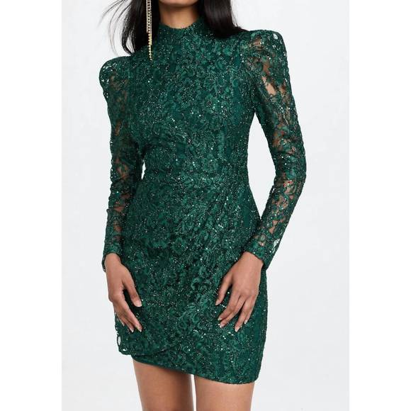 black halo santorini mini dress NEW BLACK HALO santorini lace sequin long sleeve mini dress in jungle gem